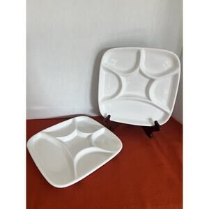 2 Fine Porcelain Fondue Plate Divided White Square 5 Sections MCM CGS
